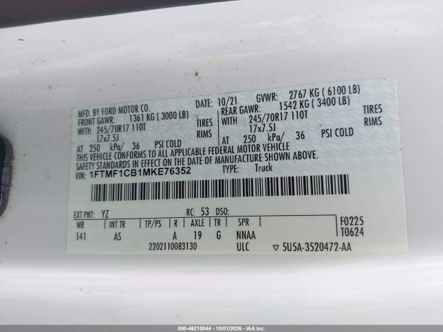 46210044 :رقم المزاد ، 1FTMF1CB1MKE76352 vin ، 2021 Ford F-150 Xl مزاد بيع