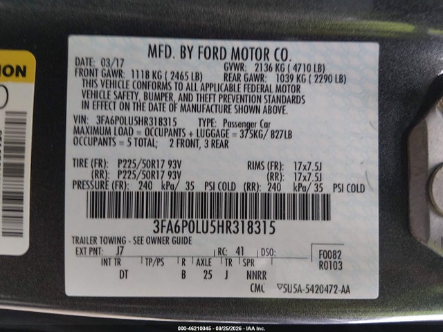 Продаж на аукціоні авто 2017 Ford Fusion Hybrid Se, vin: 3FA6P0LU5HR318315, номер лоту: 46210045