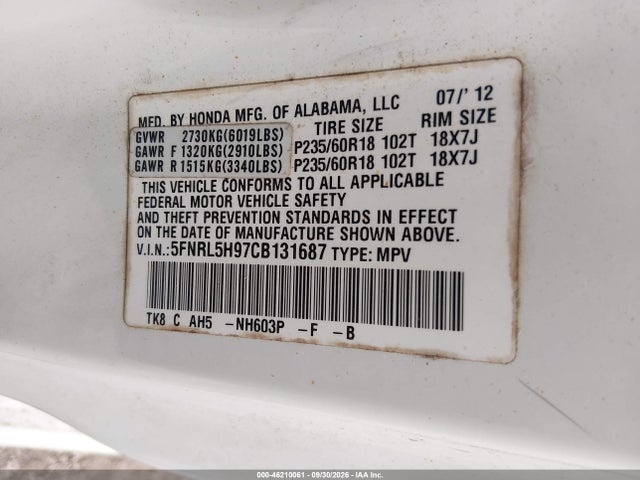 Aukcja sprzedaży 2012 Honda Odyssey Touring/touring Elite, vin: 5FNRL5H97CB131687, numer aukcji: 46210061