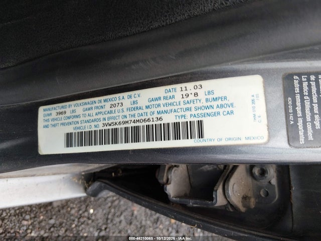 46210065 :رقم المزاد ، 3VWSK69M74M066136 vin ، 2004 Volkswagen Jetta Gls 2.0l مزاد بيع