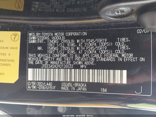 Aukcja sprzedaży 2009 Toyota Highlander Limited, vin: JTEES42A292126533, numer aukcji: 46210069