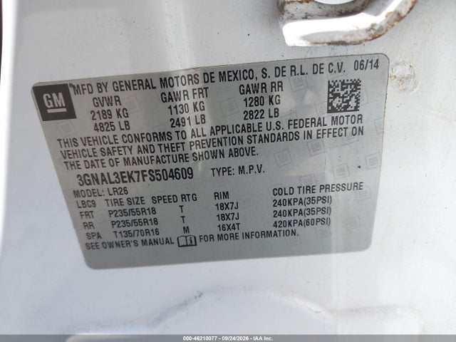 Aukcja sprzedaży 2015 Chevrolet Captiva Sport Lt, vin: 3GNAL3EK7FS504609, numer aukcji: 46210077