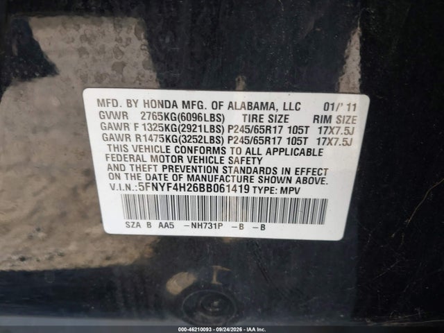 Aukcja sprzedaży 2011 Honda Pilot Lx, vin: 5FNYF4H26BB061419, numer aukcji: 46210093