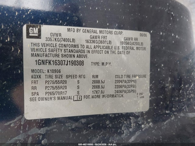 46210095 :رقم المزاد ، 1GNFK16307J190308 vin ، 2007 Chevrolet Suburban Lt مزاد بيع