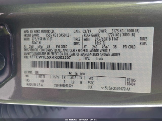 Продаж на аукціоні авто 2019 Ford F-150 Lariat, vin: 1FTEW1E5XKKD02207, номер лоту: 46210103