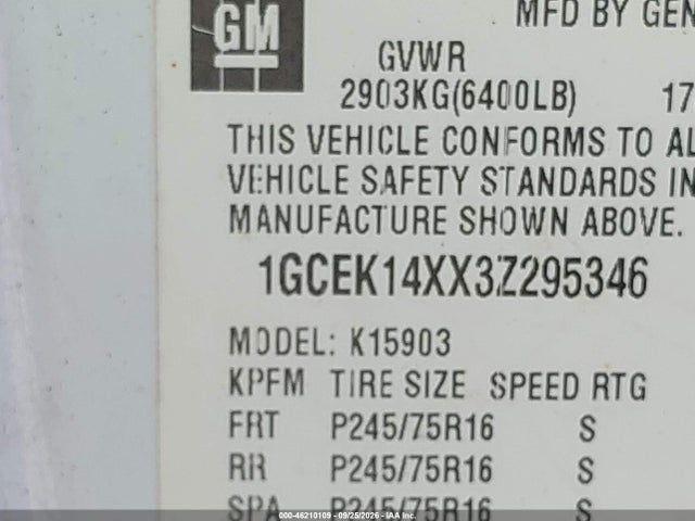 Aukcja sprzedaży 2003 Chevrolet Silverado 1500 Work Truck, vin: 1GCEK14XX3Z295346, numer aukcji: 46210109