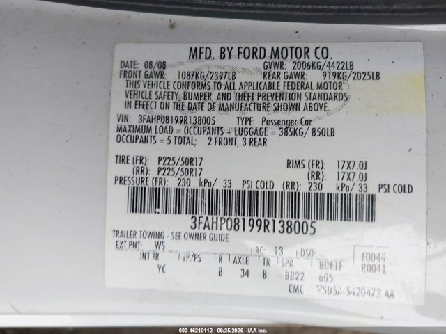 46210112 :رقم المزاد ، 3FAHP08199R138005 vin ، 2009 Ford Fusion Sel مزاد بيع