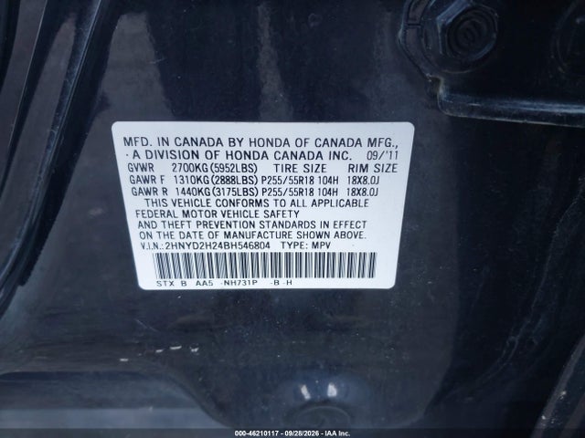 Aukcja sprzedaży 2011 Acura Mdx, vin: 2HNYD2H24BH546804, numer aukcji: 46210117