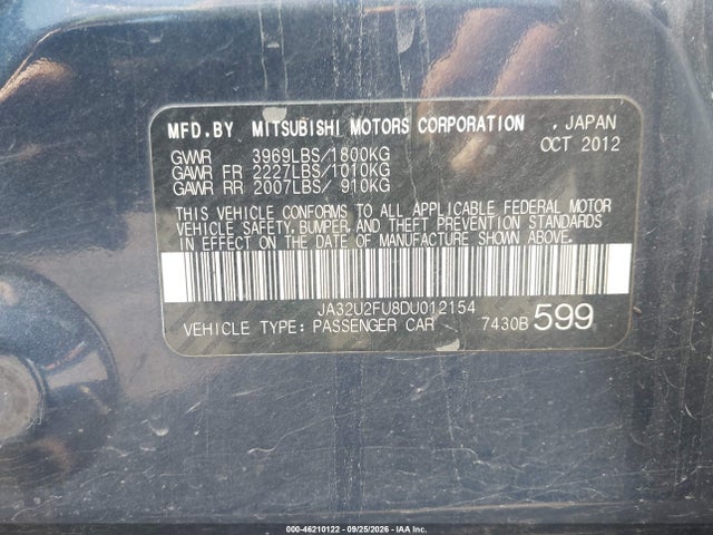 2013 Mitsubishi Lancer Es მანქანა იყიდება აუქციონზე, vin: JA32U2FU8DU012154, აუქციონის ნომერი: 46210122