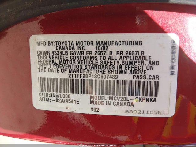 46210131 :رقم المزاد ، 2T1FF28P13C607489 vin ، 2003 Toyota Camry Solara Sle V6 مزاد بيع