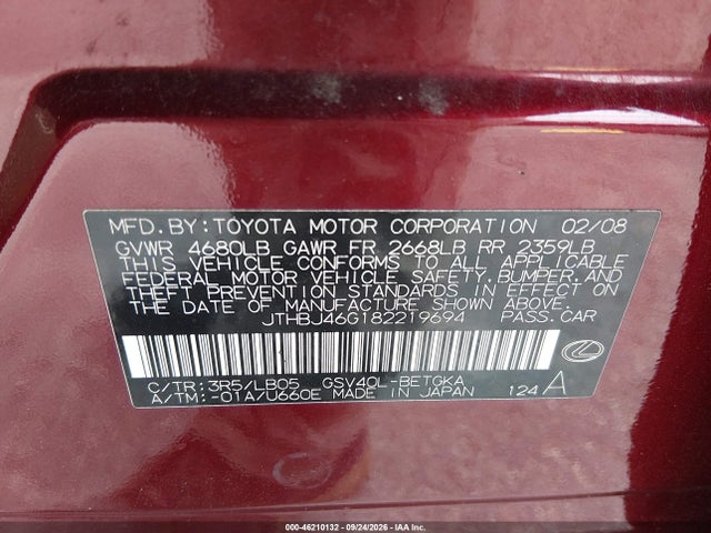 46210132 :رقم المزاد ، JTHBJ46G182219694 vin ، 2008 Lexus Es 350 مزاد بيع