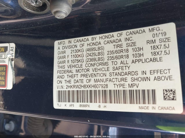 2019 Honda Cr-v Ex-l მანქანა იყიდება აუქციონზე, vin: 2HKRW2H8XKH607928, აუქციონის ნომერი: 46210142