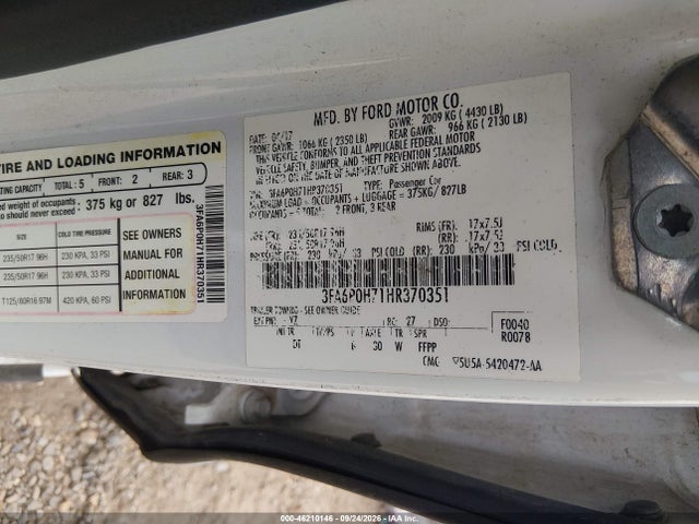 46210146 :رقم المزاد ، 3FA6P0H71HR370351 vin ، 2017 Ford Fusion Se مزاد بيع