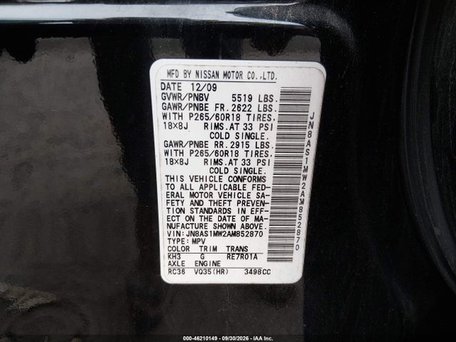 Продаж на аукціоні авто 2010 Infiniti Fx35, vin: JN8AS1MW2AM852870, номер лоту: 46210149