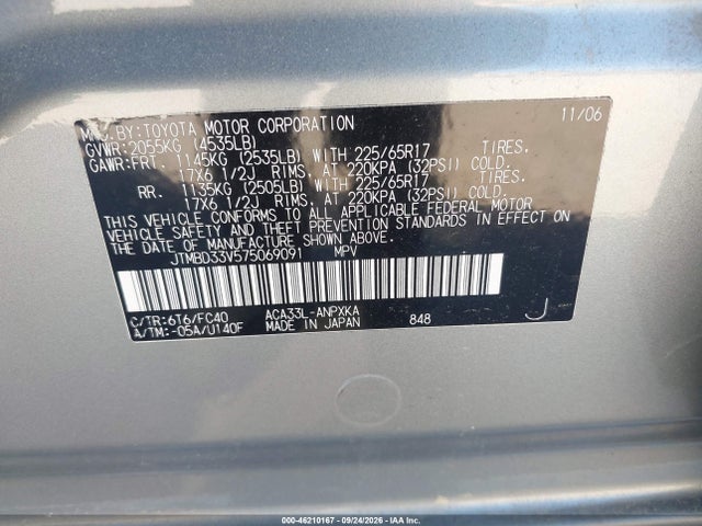 Aukcja sprzedaży 2007 Toyota Rav4, vin: JTMBD33V575069091, numer aukcji: 46210167