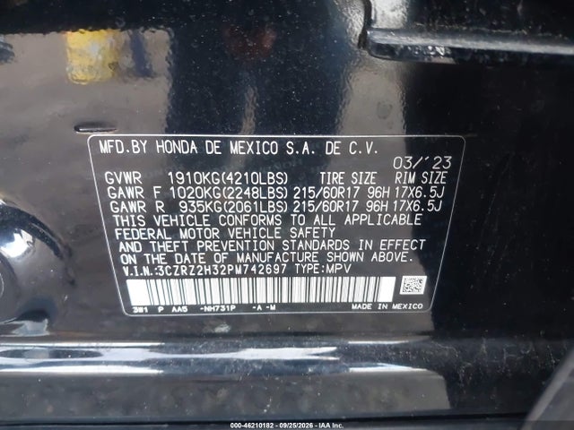 2023 Honda Hr-v Awd Lx მანქანა იყიდება აუქციონზე, vin: 3CZRZ2H32PM742697, აუქციონის ნომერი: 46210182