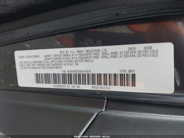 Продаж на аукціоні авто 2008 Subaru Tribeca Limited 5-passenger, vin: 4S4WX93D584418076, номер лоту: 46210194