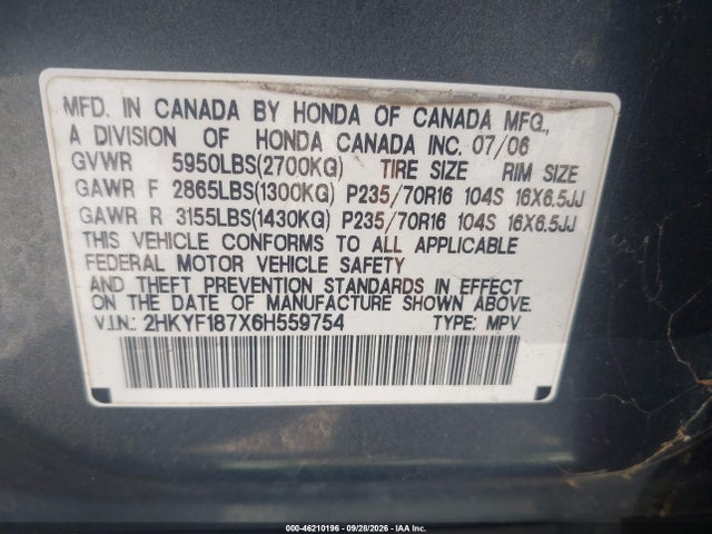 2006 Honda Pilot Ex მანქანა იყიდება აუქციონზე, vin: 2HKYF187X6H559754, აუქციონის ნომერი: 46210196