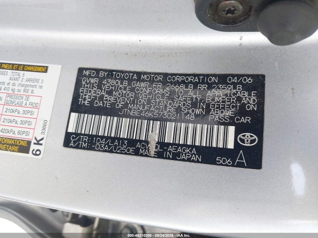 2007 Toyota Camry Xle მანქანა იყიდება აუქციონზე, vin: JTNBE46K573021148, აუქციონის ნომერი: 46210200