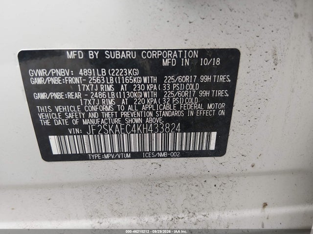 2019 Subaru Forester Premium მანქანა იყიდება აუქციონზე, vin: JF2SKAEC4KH433824, აუქციონის ნომერი: 46210212