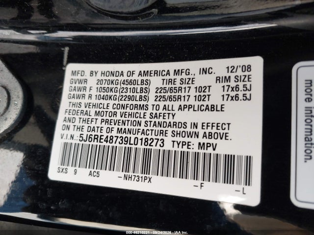 46210221 :رقم المزاد ، 5J6RE48739L018273 vin ، 2009 Honda Cr-v Ex-l مزاد بيع
