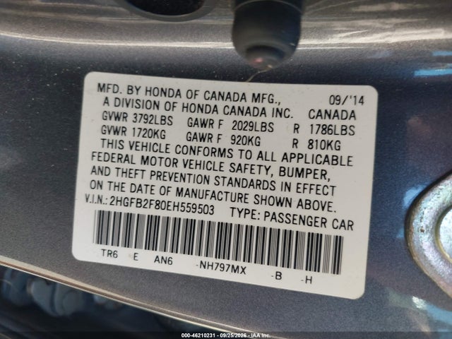 2014 Honda Civic Ex მანქანა იყიდება აუქციონზე, vin: 2HGFB2F80EH559503, აუქციონის ნომერი: 46210231