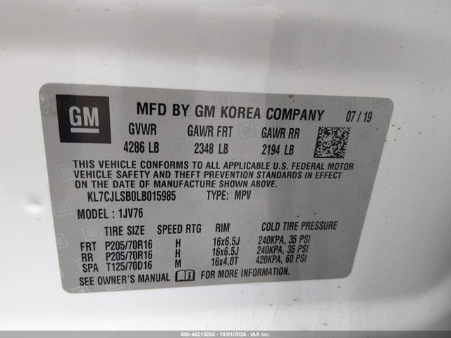 Aukcja sprzedaży 2020 Chevrolet Trax Fwd Lt, vin: KL7CJLSB0LB015985, numer aukcji: 46210255
