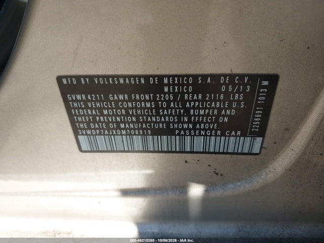 2013 Volkswagen Jetta 2.5l Se მანქანა იყიდება აუქციონზე, vin: 3VWDP7AJXDM308919, აუქციონის ნომერი: 46210260