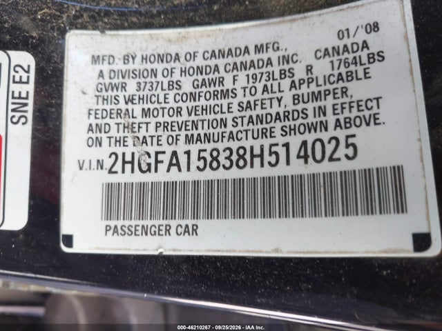 Продажа на аукционе авто 2008 Honda Civic Ex, vin: 2HGFA15838H514025, номер лота: 46210267