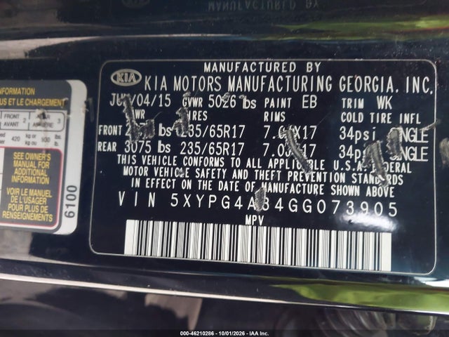 Aukcja sprzedaży 2016 Kia Sorento 2.4l Lx, vin: 5XYPG4A34GG073905, numer aukcji: 46210286
