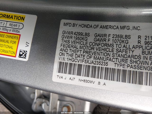 Продажа на аукционе авто 2018 Honda Accord Ex-l, vin: 1HGCV1F5XJA235235, номер лота: 46210295