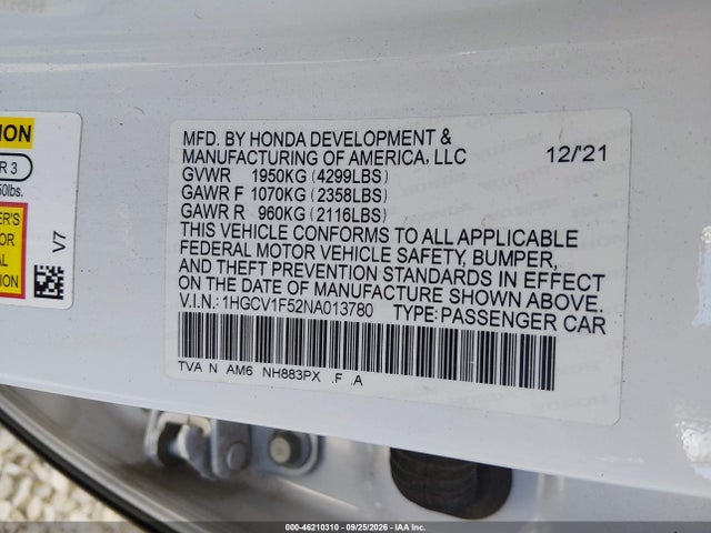 Aukcja sprzedaży 2022 Honda Accord Ex-l, vin: 1HGCV1F52NA013780, numer aukcji: 46210310