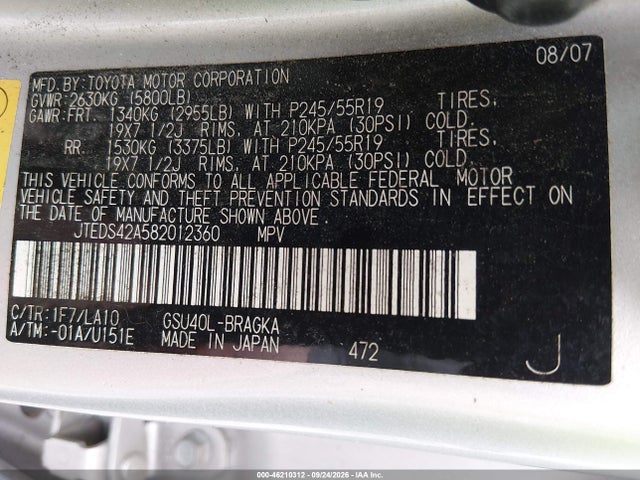 Aukcja sprzedaży 2008 Toyota Highlander Limited, vin: JTEDS42A582012360, numer aukcji: 46210312