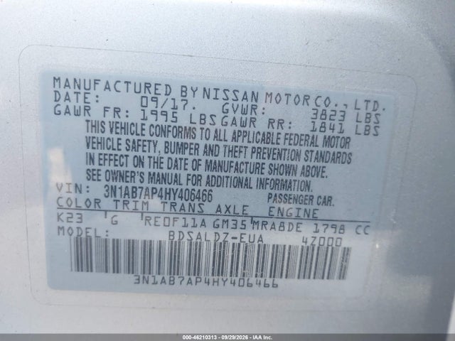 Aukcja sprzedaży 2017 Nissan Sentra Sv, vin: 3N1AB7AP4HY406466, numer aukcji: 46210313