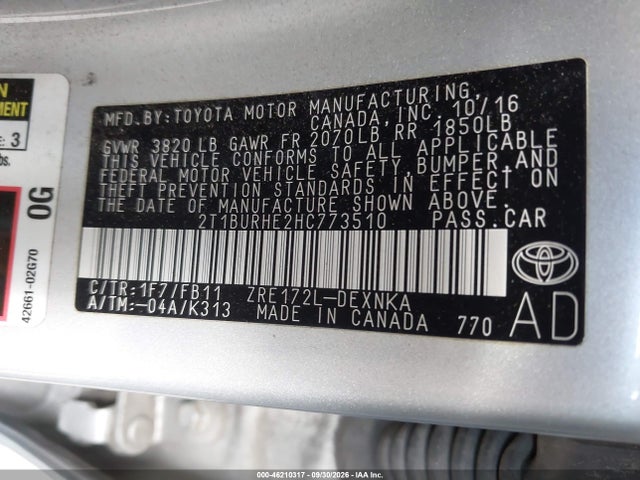 46210317 :رقم المزاد ، 2T1BURHE2HC773510 vin ، 2017 Toyota Corolla Le مزاد بيع