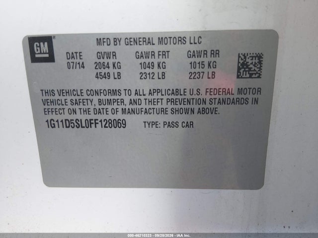 Продажа на аукционе авто 2015 Chevrolet Malibu 2lt, vin: 1G11D5SL0FF128069, номер лота: 46210323