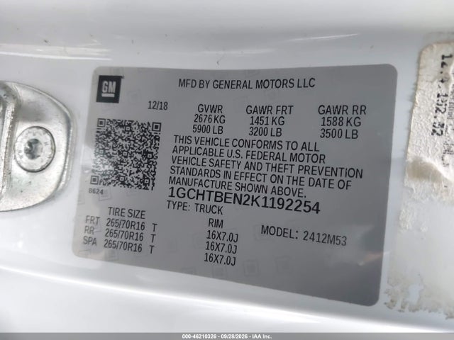 2019 Chevrolet Colorado Wt მანქანა იყიდება აუქციონზე, vin: 1GCHTBEN2K1192254, აუქციონის ნომერი: 46210326
