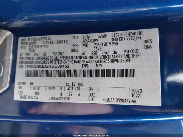 Продаж на аукціоні авто 2017 Ford Escape Se, vin: 1FMCU9GD5HUC06462, номер лоту: 46210354