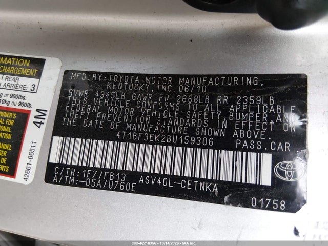 46210356 :رقم المزاد ، 4T1BF3EK2BU159306 vin ، 2011 Toyota Camry Le مزاد بيع