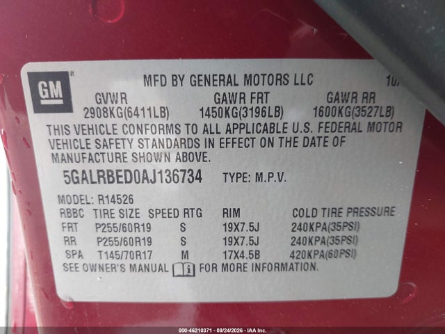 Aukcja sprzedaży 2010 Buick Enclave 1xl, vin: 5GALRBED0AJ136734, numer aukcji: 46210371