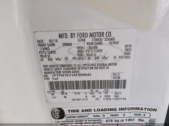 46210402 :رقم المزاد ، 1FTFW1EV1AFB55643 vin ، 2010 Ford F-150 Fx4/harley-davidson/king Ranch/lariat/platinum/xl/xlt مزاد بيع