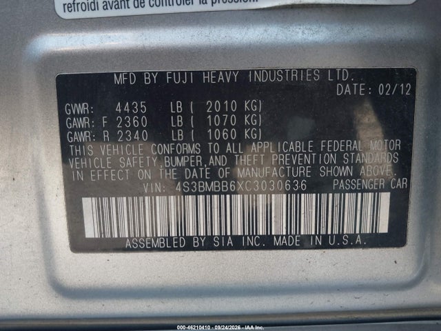 Продаж на аукціоні авто 2012 Subaru Legacy 2.5i Premium, vin: 4S3BMBB6XC3030636, номер лоту: 46210410