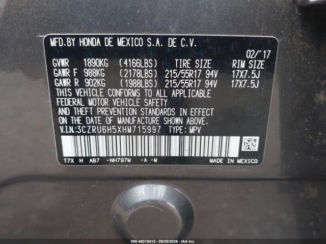 2017 Honda Hr-v Ex მანქანა იყიდება აუქციონზე, vin: 3CZRU6H5XHM715997, აუქციონის ნომერი: 46210412