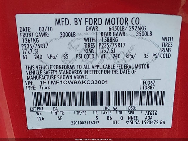 Aukcja sprzedaży 2010 Ford F-150 Stx/xl/xlt, vin: 1FTMF1CW9AKC33001, numer aukcji: 46210424