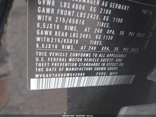 Aukcja sprzedaży 2016 Volkswagen Tiguan S, vin: WVGAV7AX6GW542684, numer aukcji: 46210428