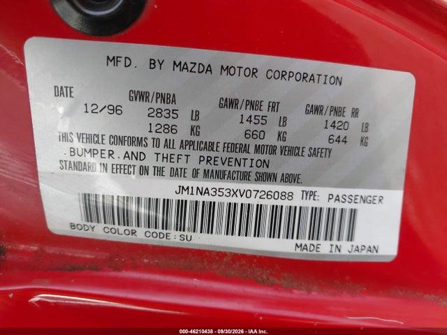 Aukcja sprzedaży 1997 Mazda Mx-5 Miata Leather Pkg/m Edition/popular Equipment Pkg/r Pkg./sto/touring Pkg, vin: JM1NA353XV0726088, numer aukcji: 46210438