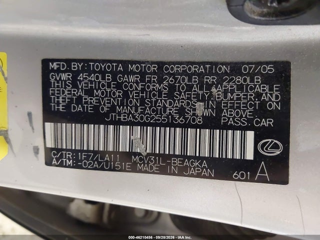 Продаж на аукціоні авто 2005 Lexus Es 330, vin: JTHBA30G255136708, номер лоту: 46210456