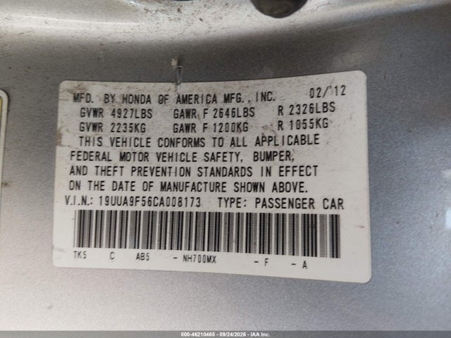Aukcja sprzedaży 2012 Acura Tl 3.7, vin: 19UUA9F56CA008173, numer aukcji: 46210465