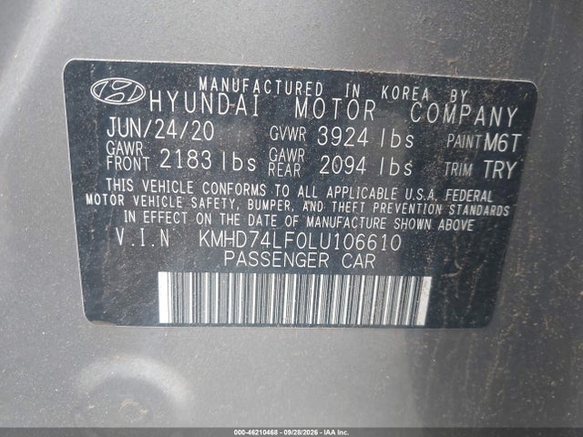 46210468 :رقم المزاد ، KMHD74LF0LU106610 vin ، 2020 Hyundai Elantra Se مزاد بيع