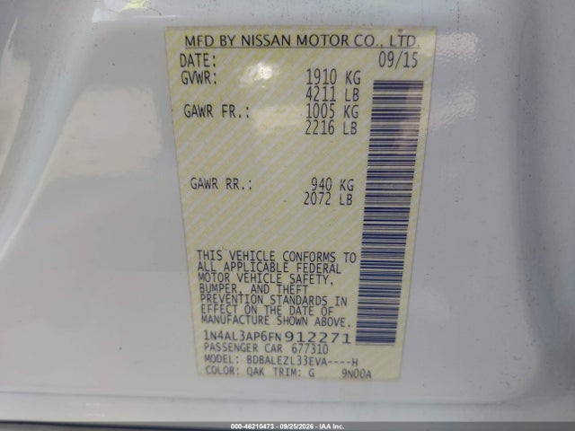 46210473 :رقم المزاد ، 1N4AL3AP6FN912271 vin ، 2015 Nissan Altima 2.5 S مزاد بيع